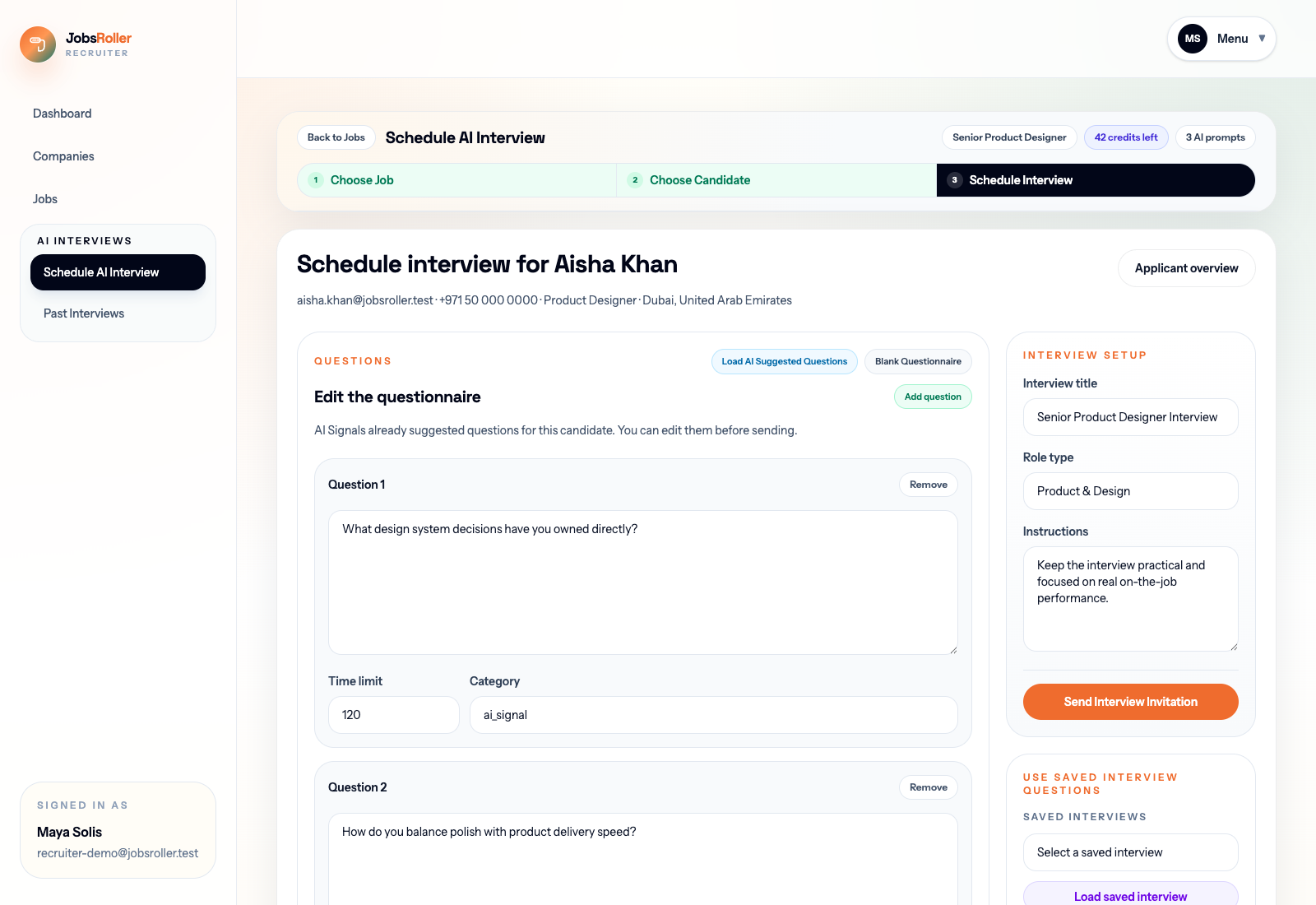 JobsRoller AI interview scheduler with reusable interview questions and candidate selection.